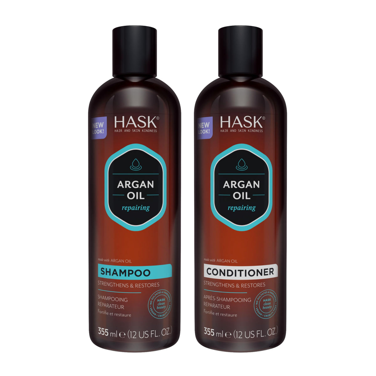 HASK front packaging showing both shampoo and conditioner, clarifies duo benefits