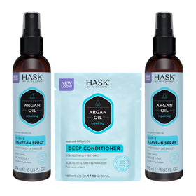 HASK argan oil duo front packaging showing both 6oz sprays and packette for complete care
