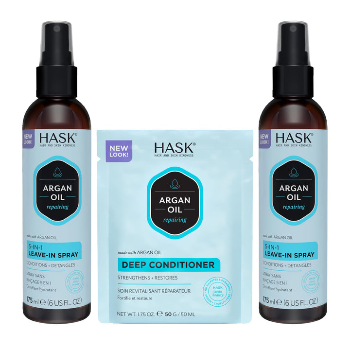 HASK argan oil duo front packaging showing both 6oz sprays and packette for complete care