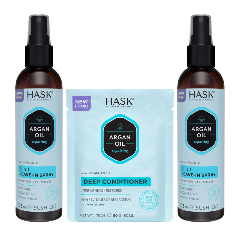HASK argan oil duo front packaging showing both 6oz sprays and packette for complete care