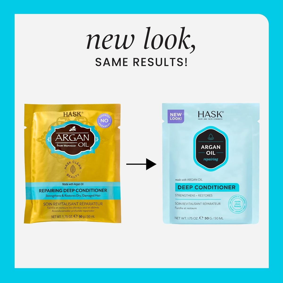 HASK Argan Oil Repairing Deep Conditioner packette front label highlighting repair benefits