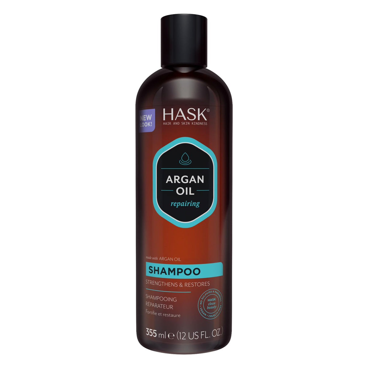 HASK bottle front label showing argan oil branding and benefits