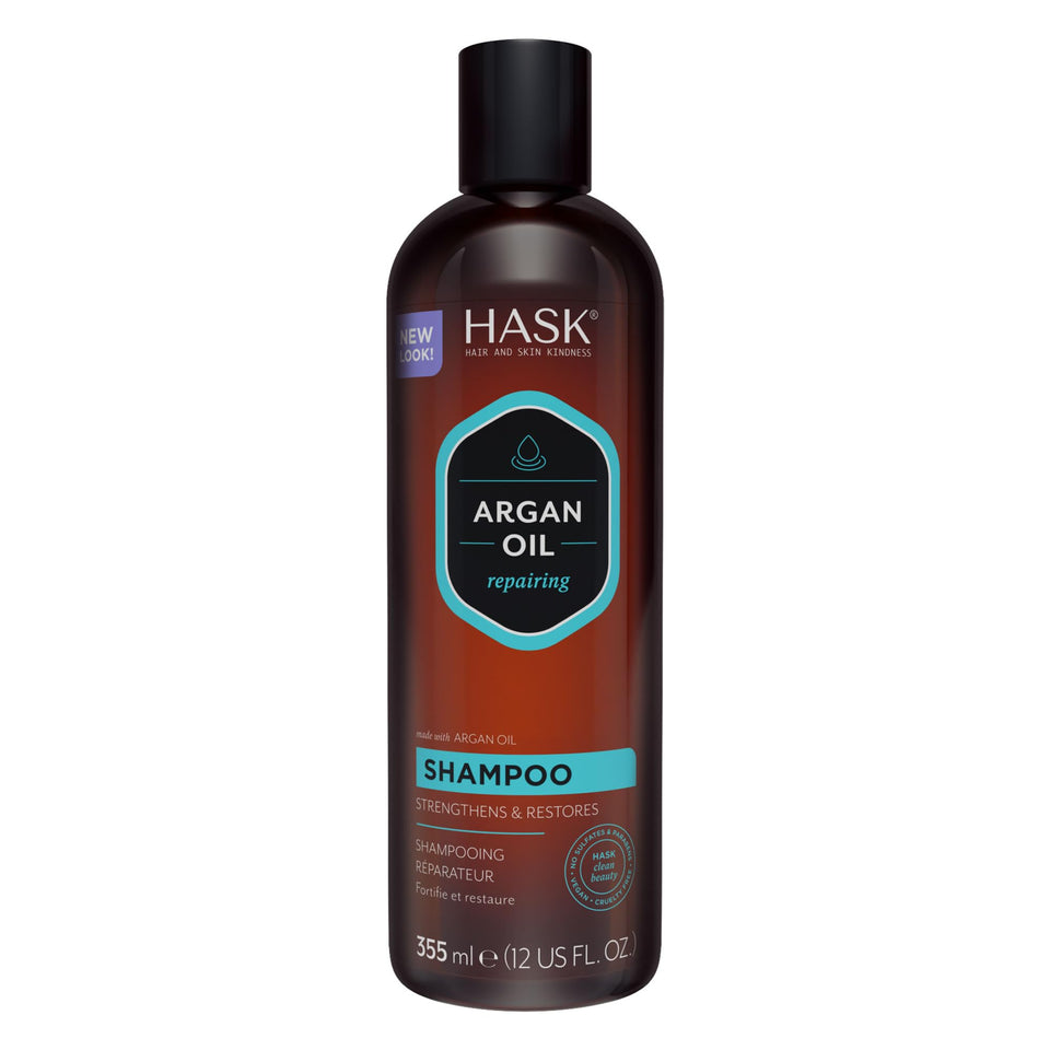 HASK bottle front label showing argan oil branding and benefits