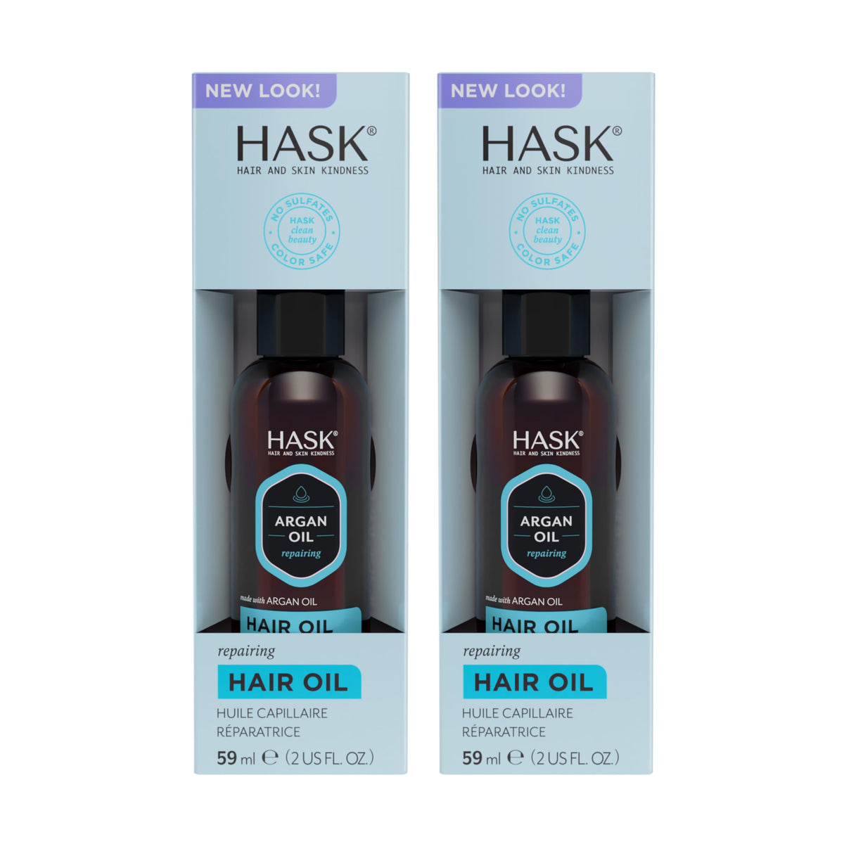 HASK front packaging showing two repairing hair oil vials and brand clarity