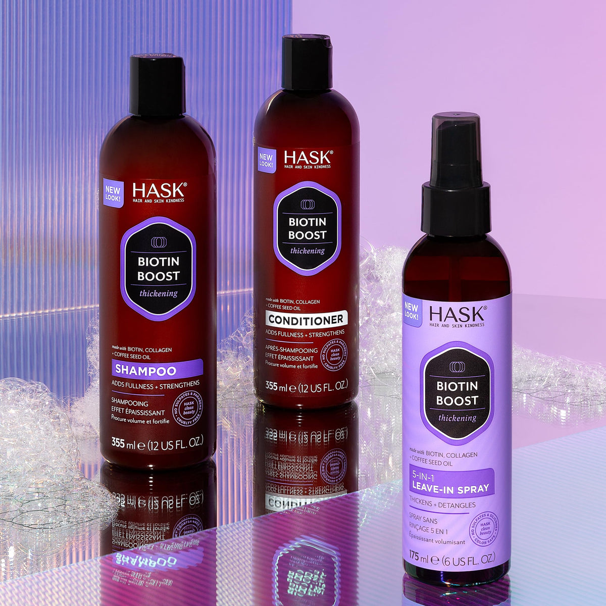 HASK conditioner on bathroom shelf styled with brush and towel