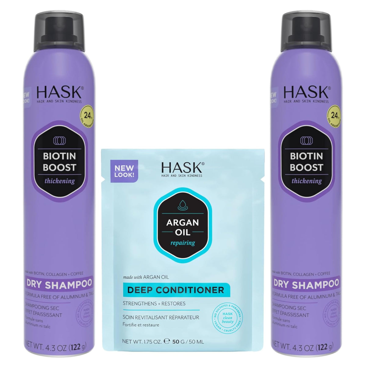 HASK Biotin Boost dry shampoo front packaging showing product benefit of fast refresh
