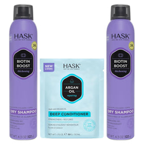 HASK Biotin Boost dry shampoo front packaging showing product benefit of fast refresh