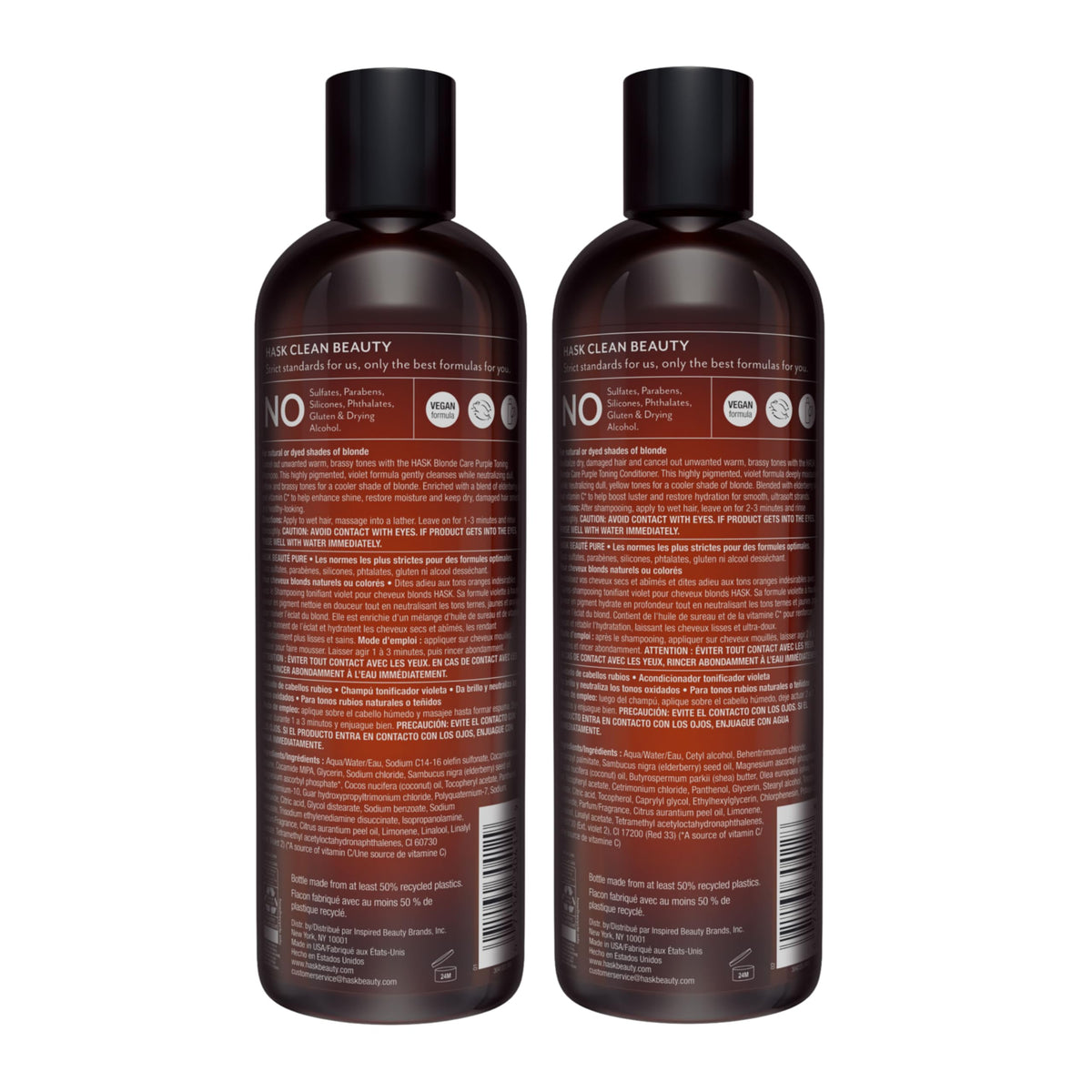 HASK before and after comparison illustrating reduced brassiness and brighter blonde benefit