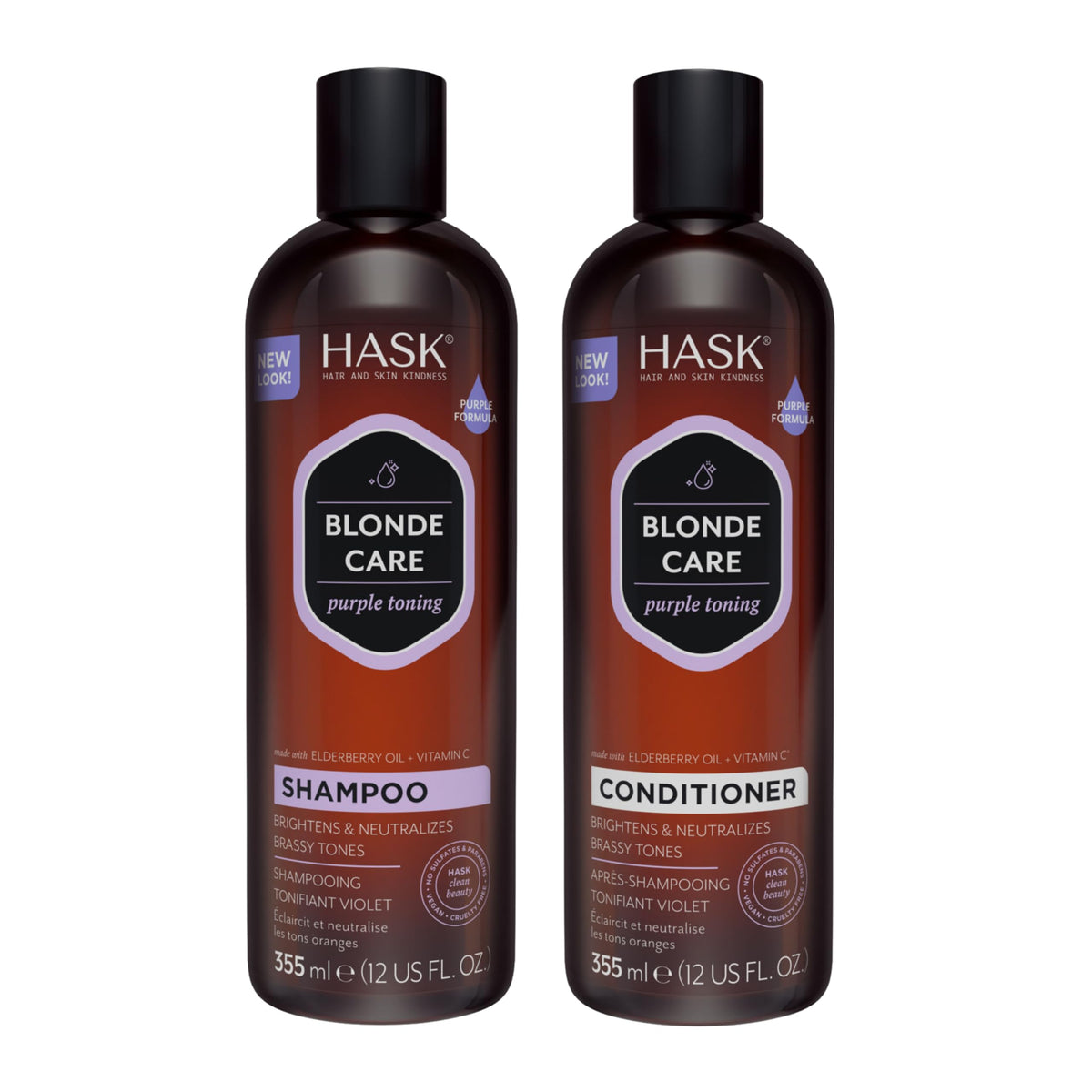 HASK front packaging showing shampoo and conditioner, clear product identification and benefit