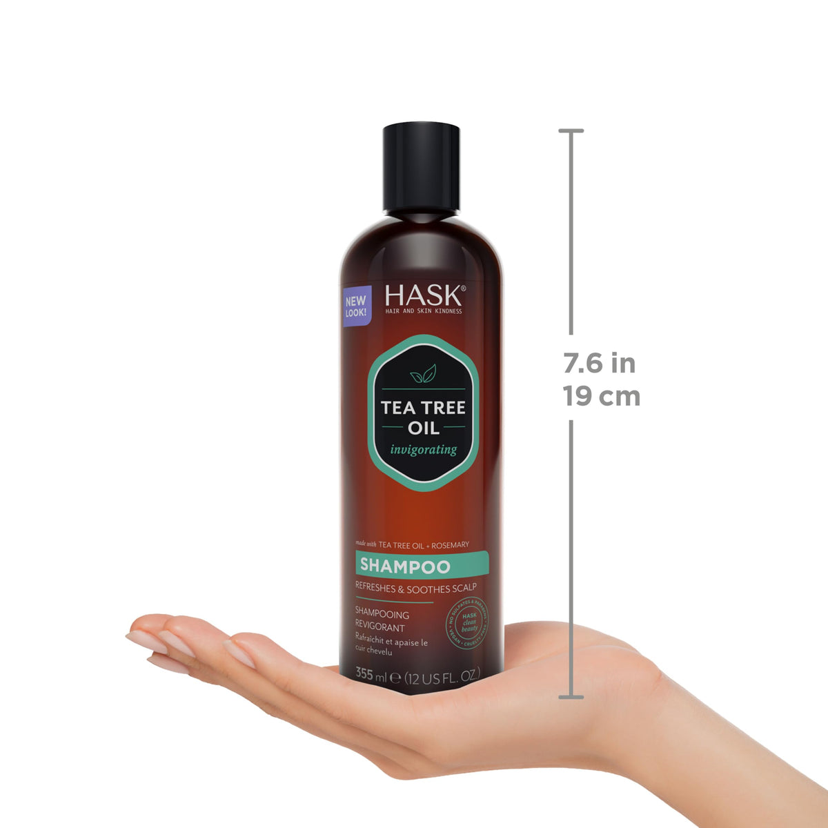 HASK bottle label close-up showing key ingredients and free-from claims
