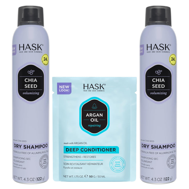 HASK chia seed dry shampoo front cans showing packaging and volume benefits