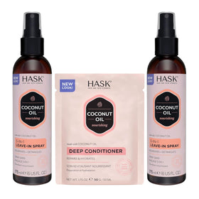 HASK coconut front packaging showing duo bottles for travel-ready hydration