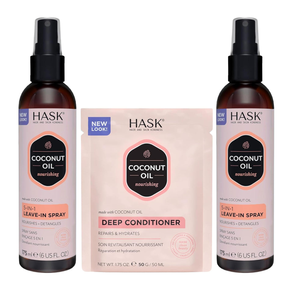 HASK coconut front packaging showing duo bottles for travel-ready hydration