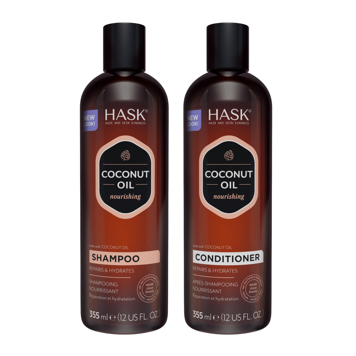 HASK front packaging showing coconut shampoo and conditioner, clear product benefit