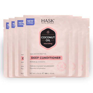 HASK front packaging showing six coconut deep conditioner packets and benefits