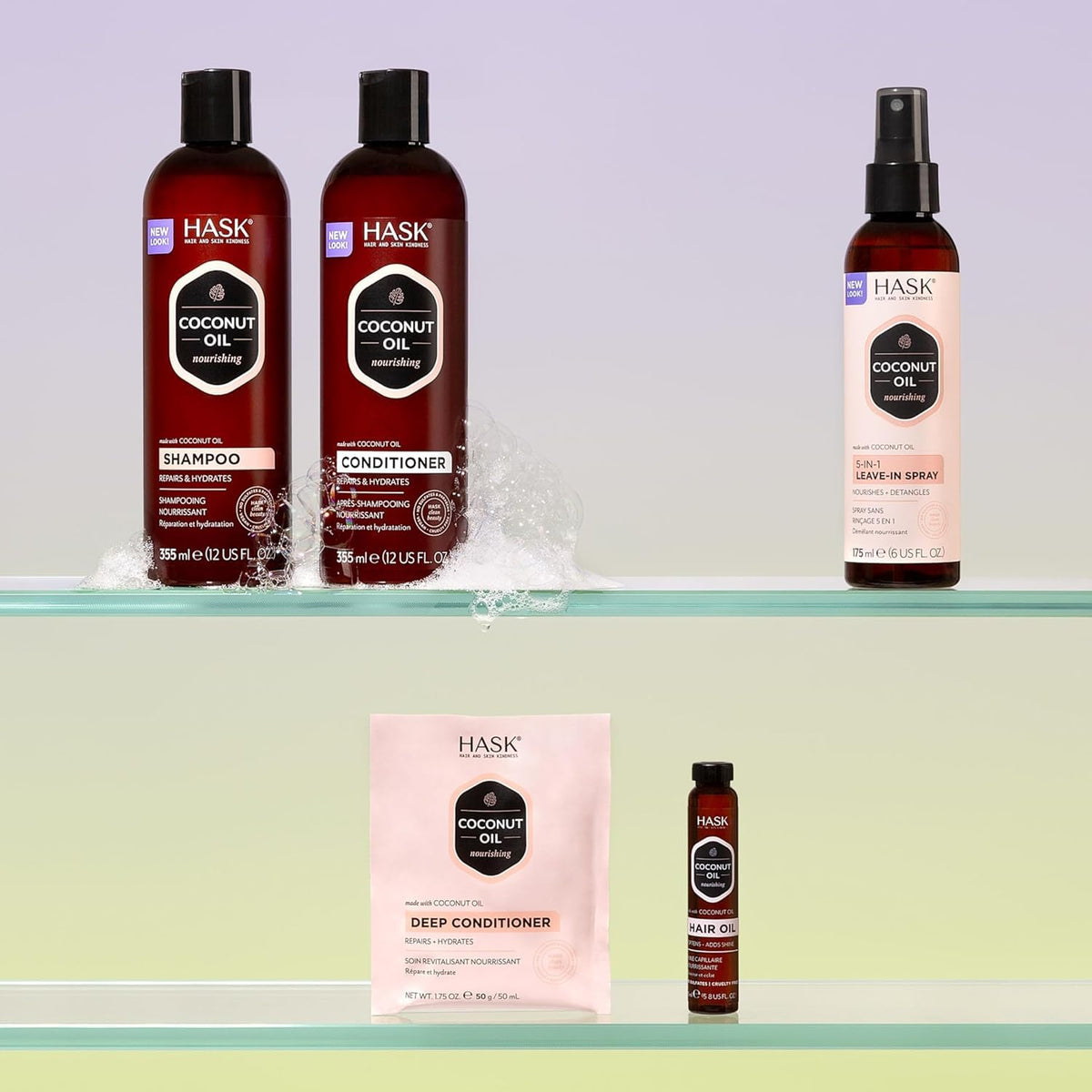 HASK coconut bottles styled on bathroom shelf suggesting everyday routine