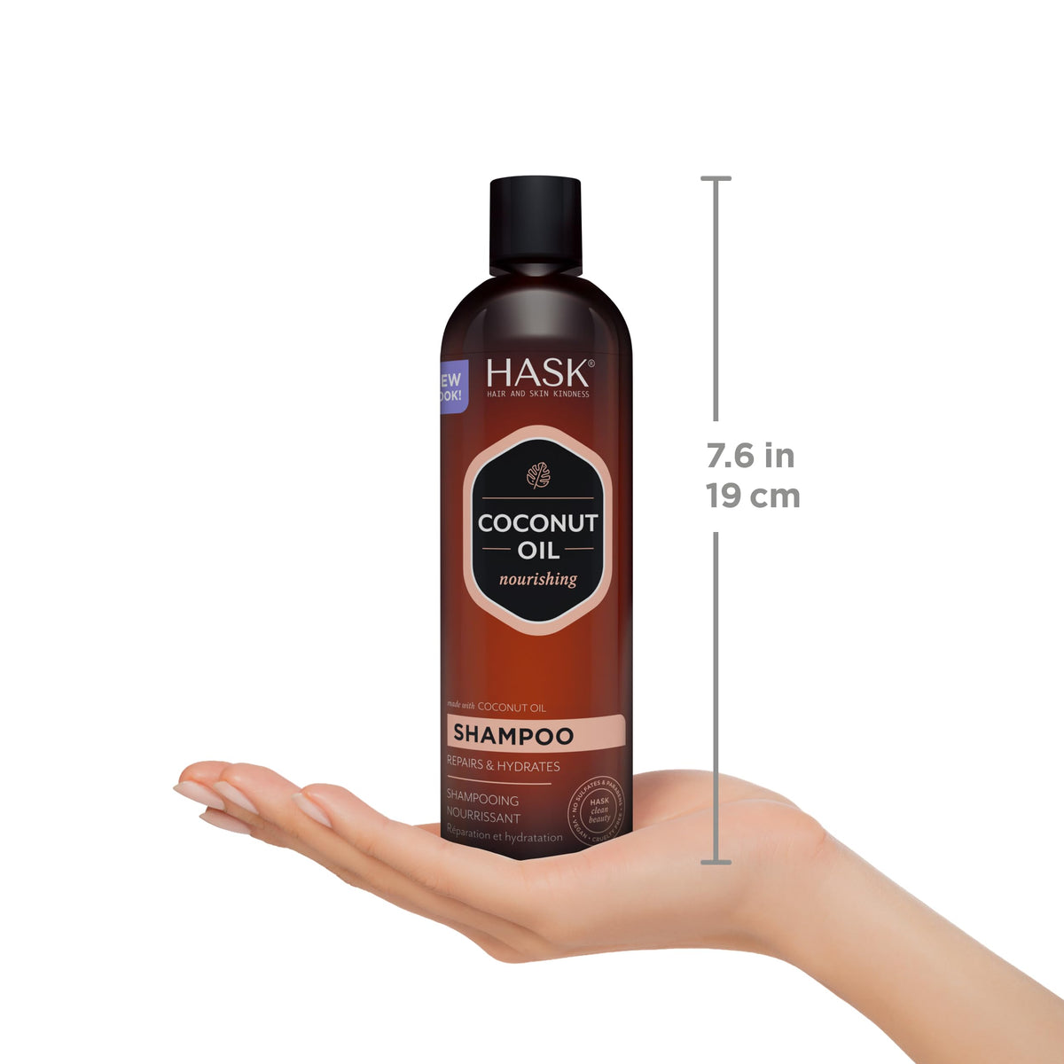 HASK bottles held in hands for scale, showing 12oz size and convenient handling