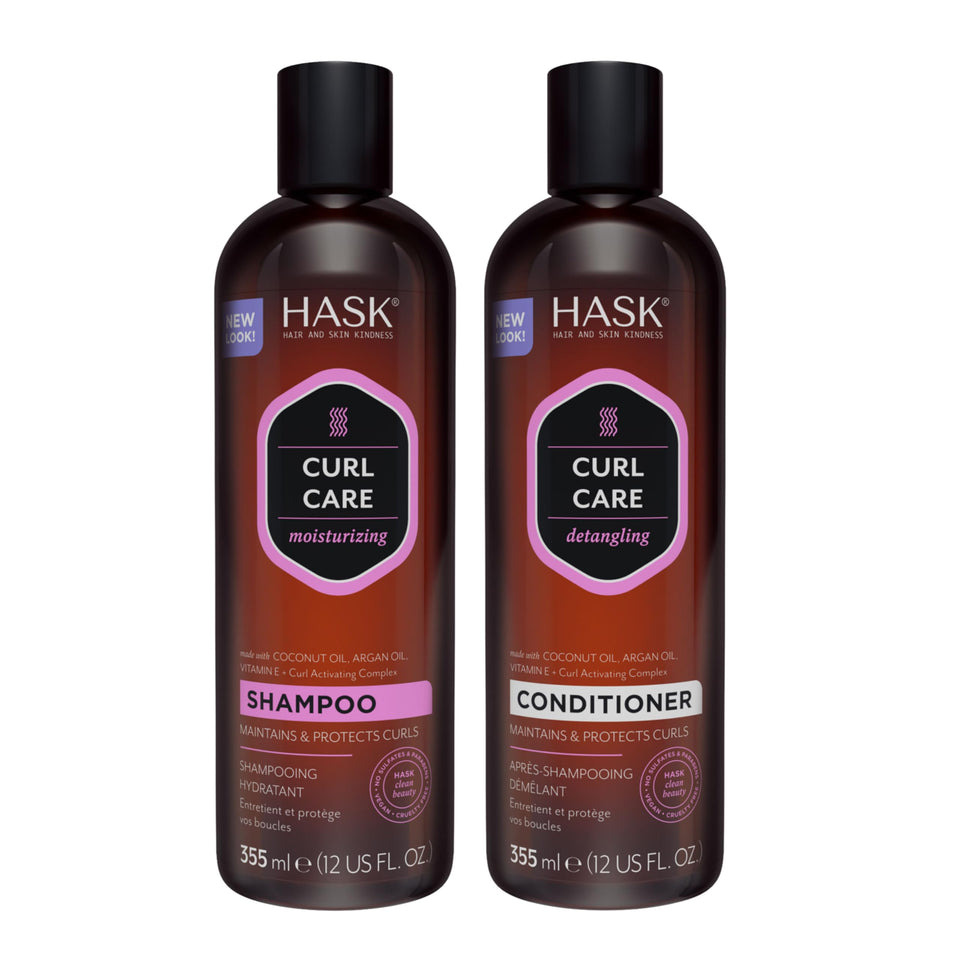 HASK front packaging shows bottles and benefits for hydrated curls