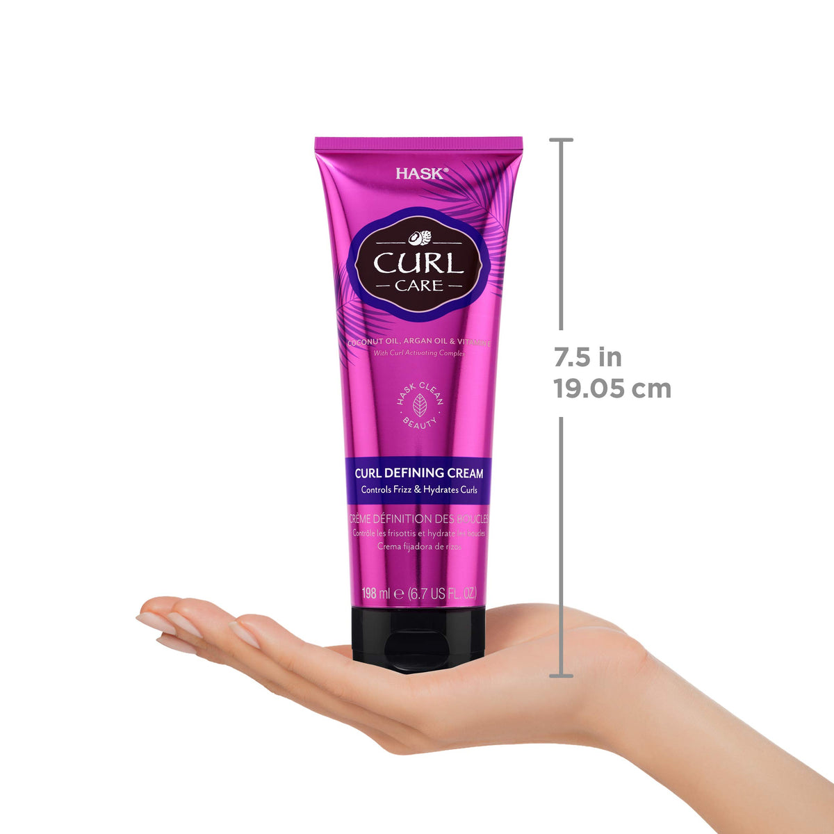 HASK on curly hair in lifestyle scene showing frizz control and natural definition
