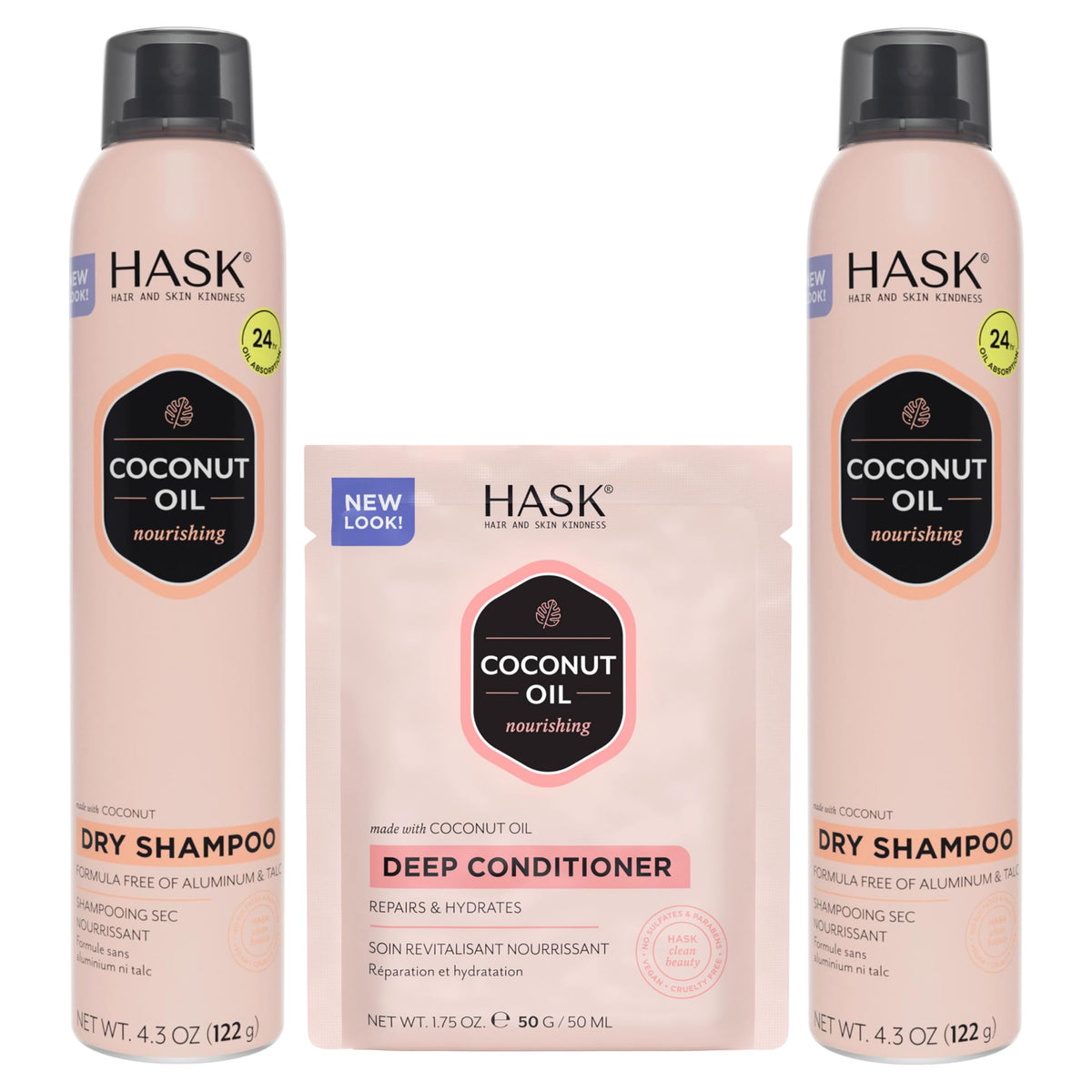 HASK dry shampoo front packaging showing coconut scent and benefits