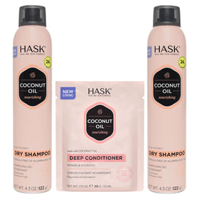 HASK dry shampoo front packaging showing coconut scent and benefits