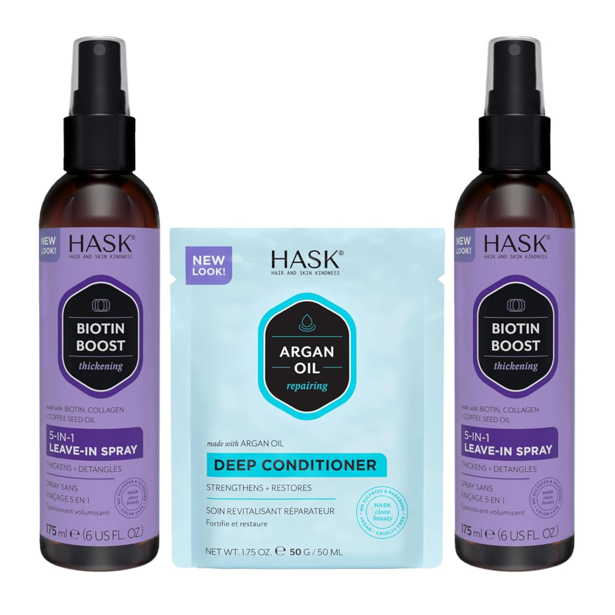 HASK duo front packaging showing both leave-in sprays and packette for versatile care