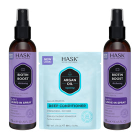 HASK duo front packaging showing both leave-in sprays and packette for versatile care