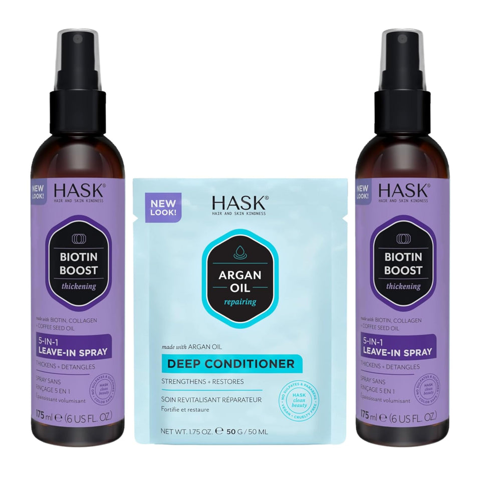 HASK duo front packaging showing both leave-in sprays and packette for versatile care