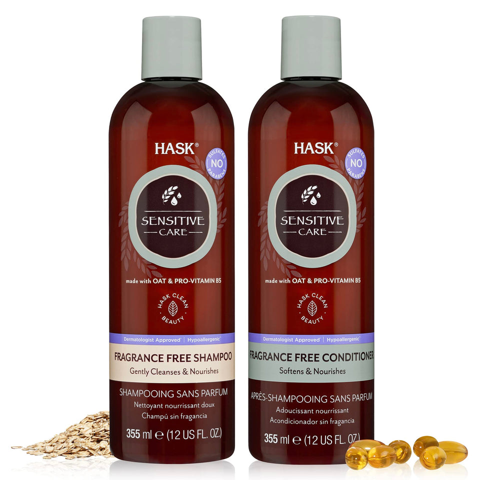 HASK front packaging of shampoo and conditioner showing clean bottles and 12oz size benefit