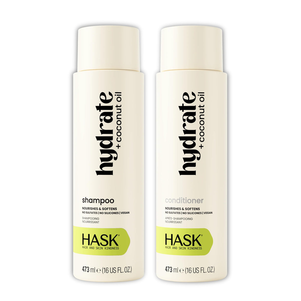 HASK front packaging of shampoo and conditioner showing hydrate benefits