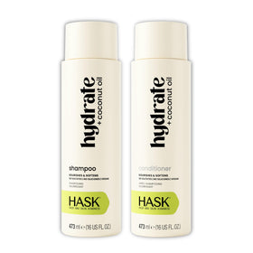 HASK front packaging of shampoo and conditioner showing hydrate benefits