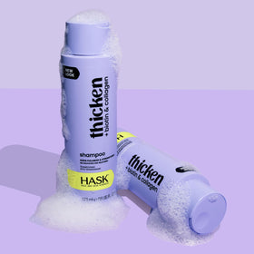 HASK ingredients display of collagen, biotin, coffee with volumizing benefit