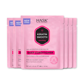 HASK keratin bottle front view showing product and brand benefit of smoothing