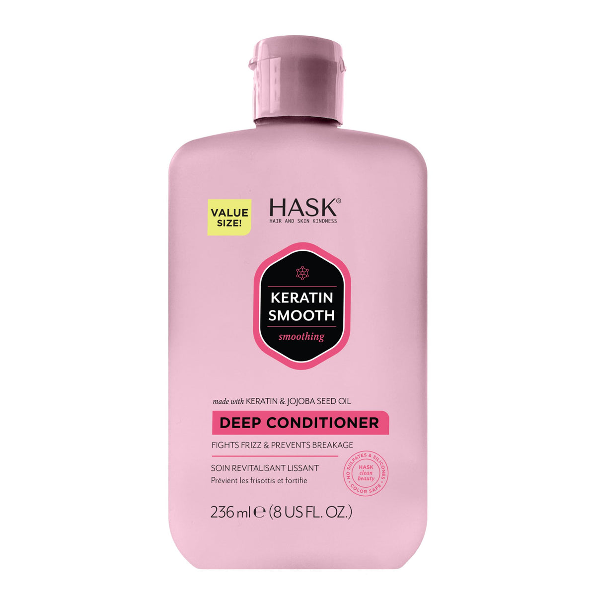 HASK front packaging showing 8 oz keratin deep conditioner, smoothing benefit