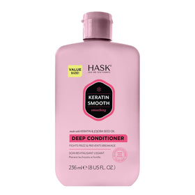 HASK front packaging showing 8 oz keratin deep conditioner, smoothing benefit