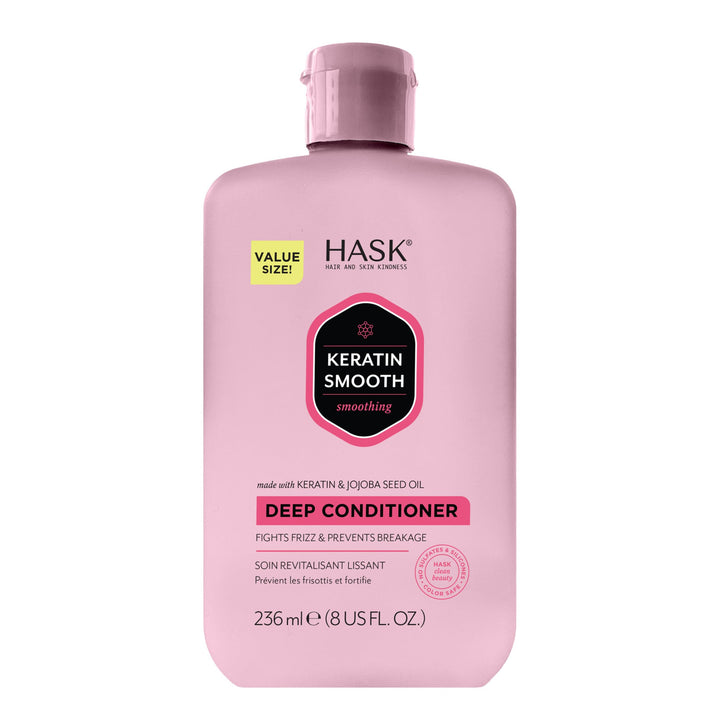 HASK front packaging showing 8 oz keratin deep conditioner, smoothing benefit