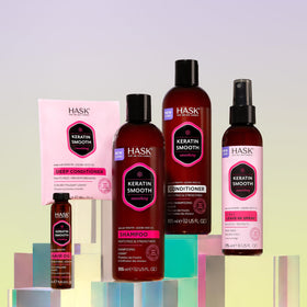 HASK keratin on bathroom shelf styled lifestyle shot suggesting everyday use