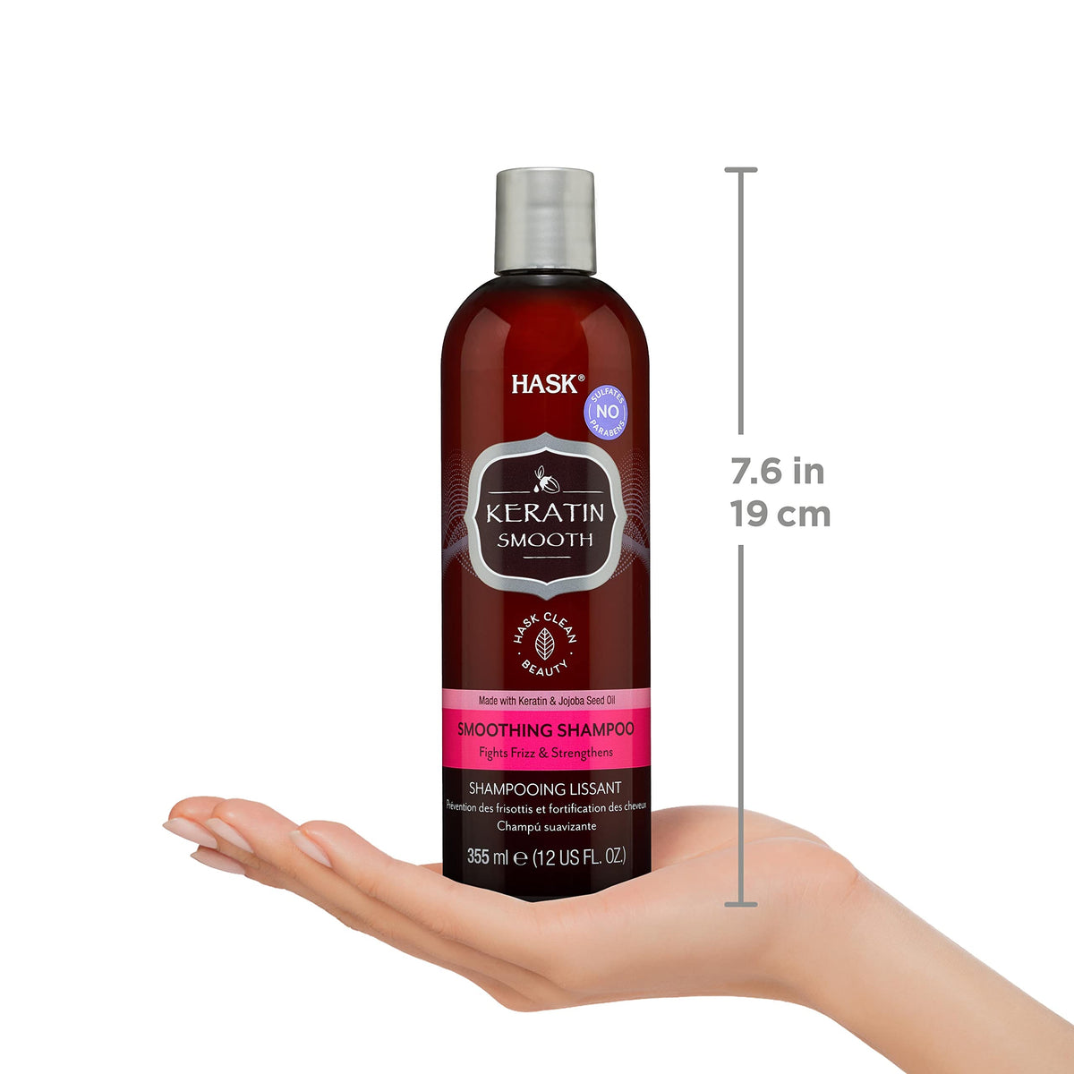 HASK 12 fl oz bottle beside a ruler for clear size and travel-friendly scale