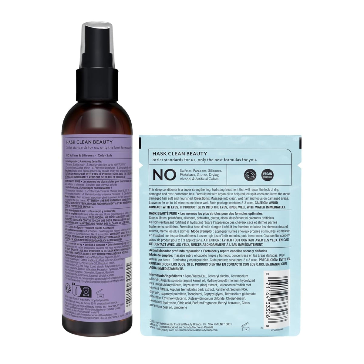 Size comparison of HASK 6oz bottles and 1.75oz packette illustrating travel-friendly scale