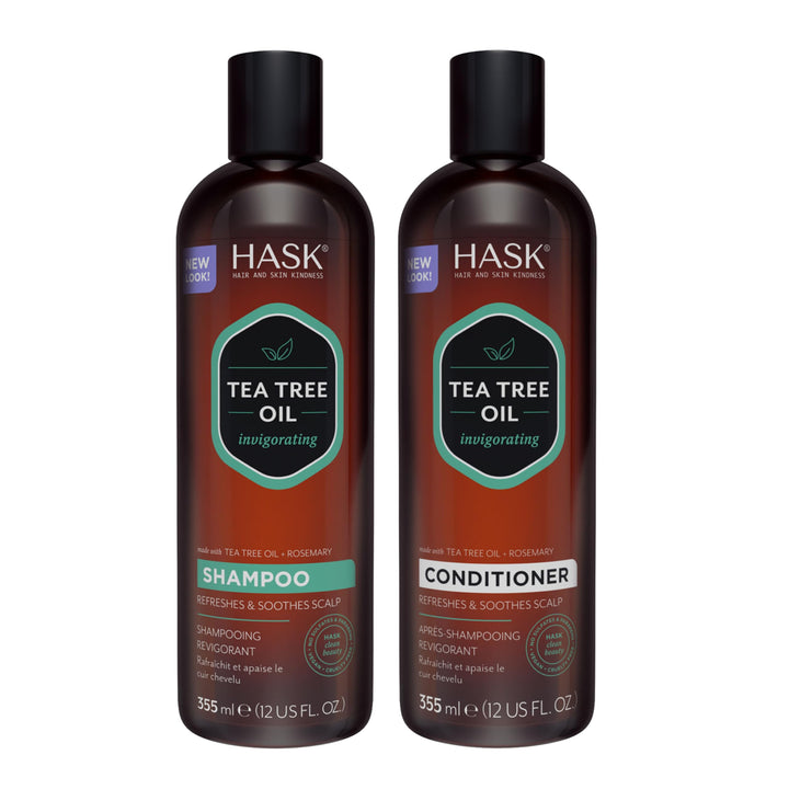 HASK front packaging of shampoo and conditioner showing clean branding and benefits