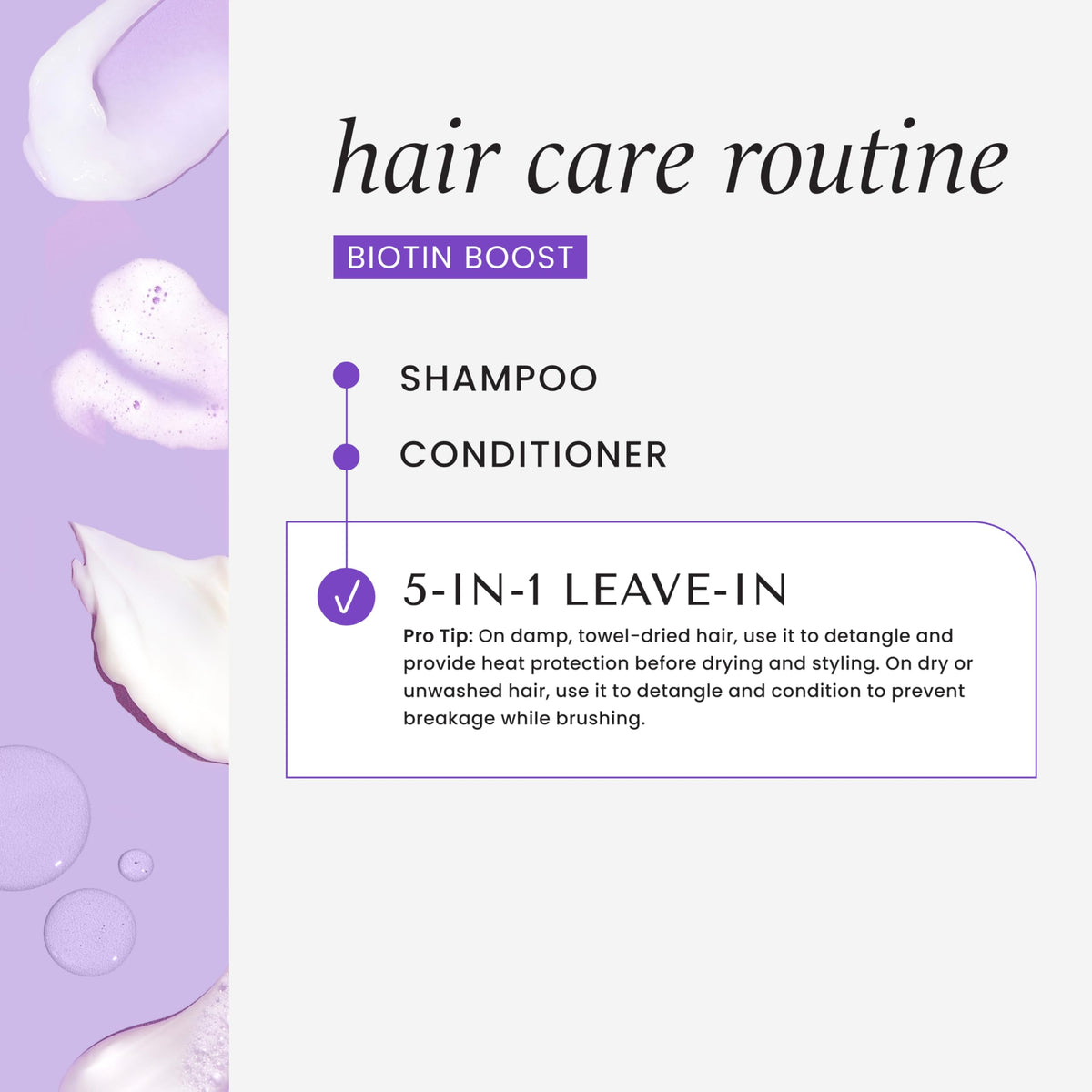 Close-up of leave-in spray texture highlighting lightweight formula for no-weight