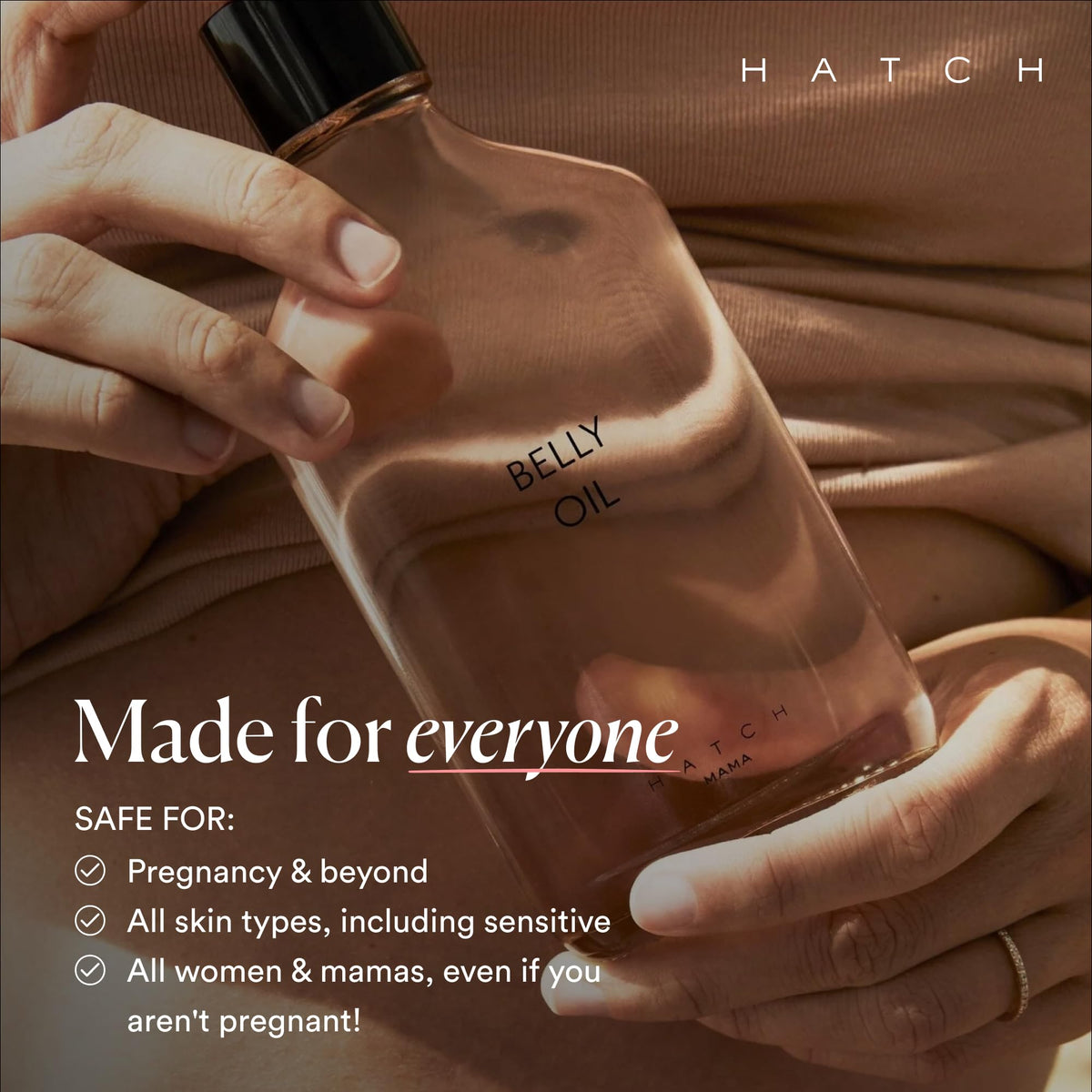HATCH belly oil in lifestyle scene with mama-to-be demonstrating daily care