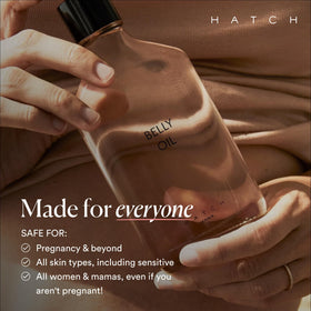 HATCH belly oil in lifestyle scene with mama-to-be demonstrating daily care