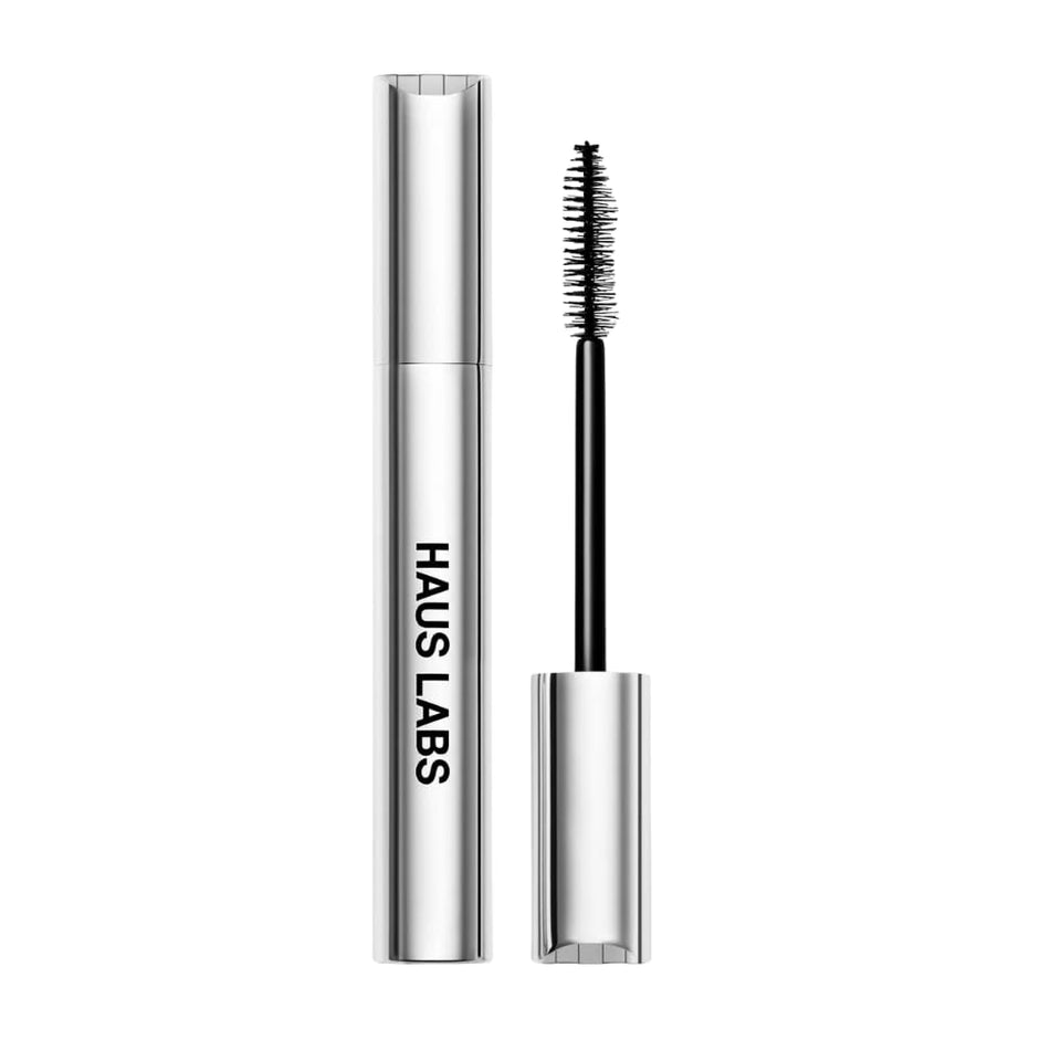 Haus Labs mascara tube front view showing deep black shade and volumizing benefit