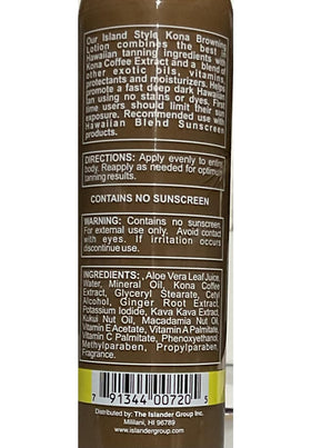 Hawaiian Blend Kona Browning bottle in hand at beach illustrating fast tanning aid
