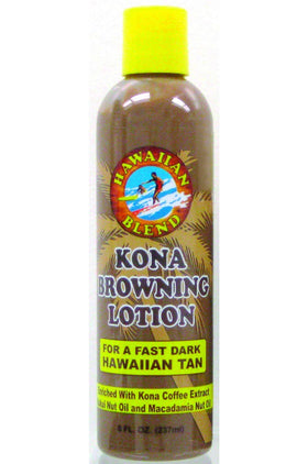 Hawaiian Blend Kona Browning lotion front bottle showing label and size benefits