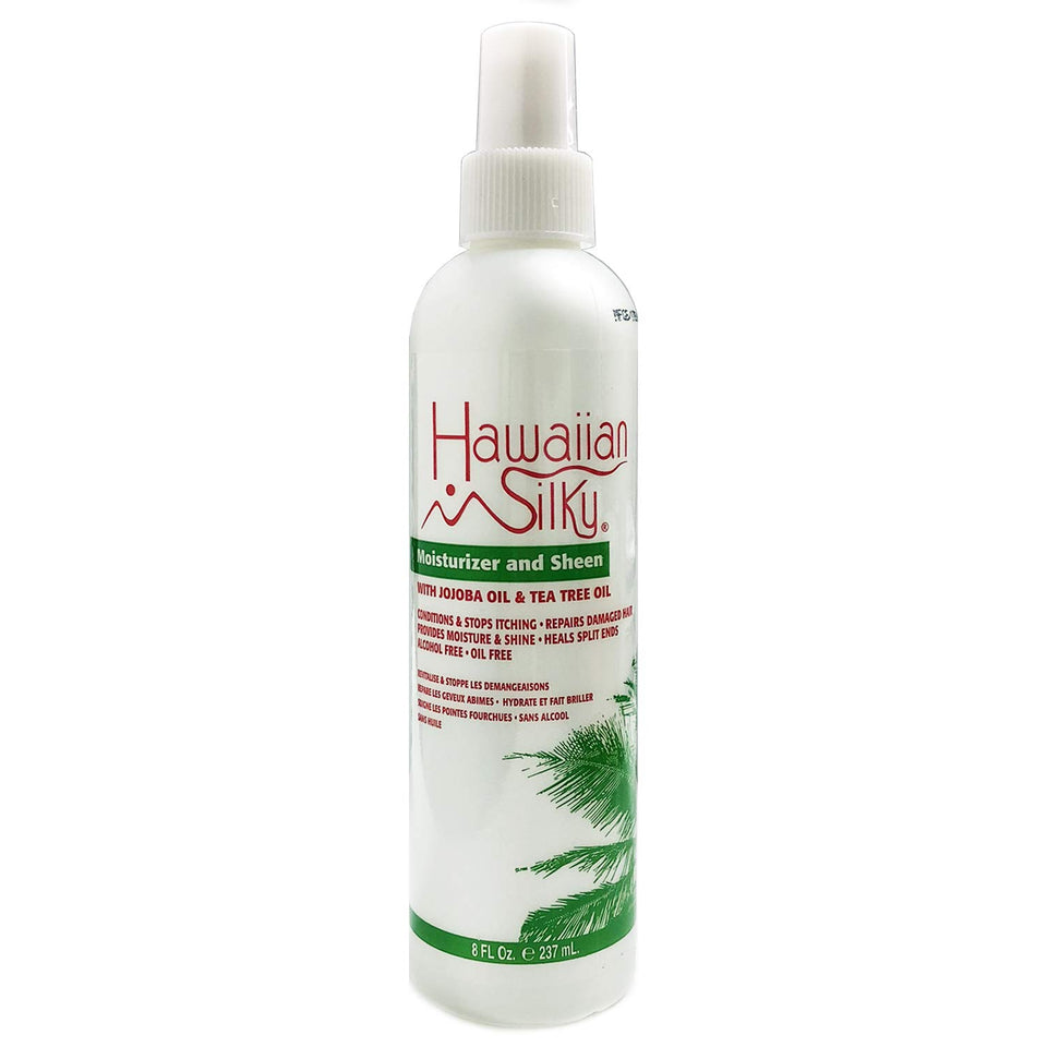 Hawaiian Silky front spray bottle showing glossy, moisturized hair benefits