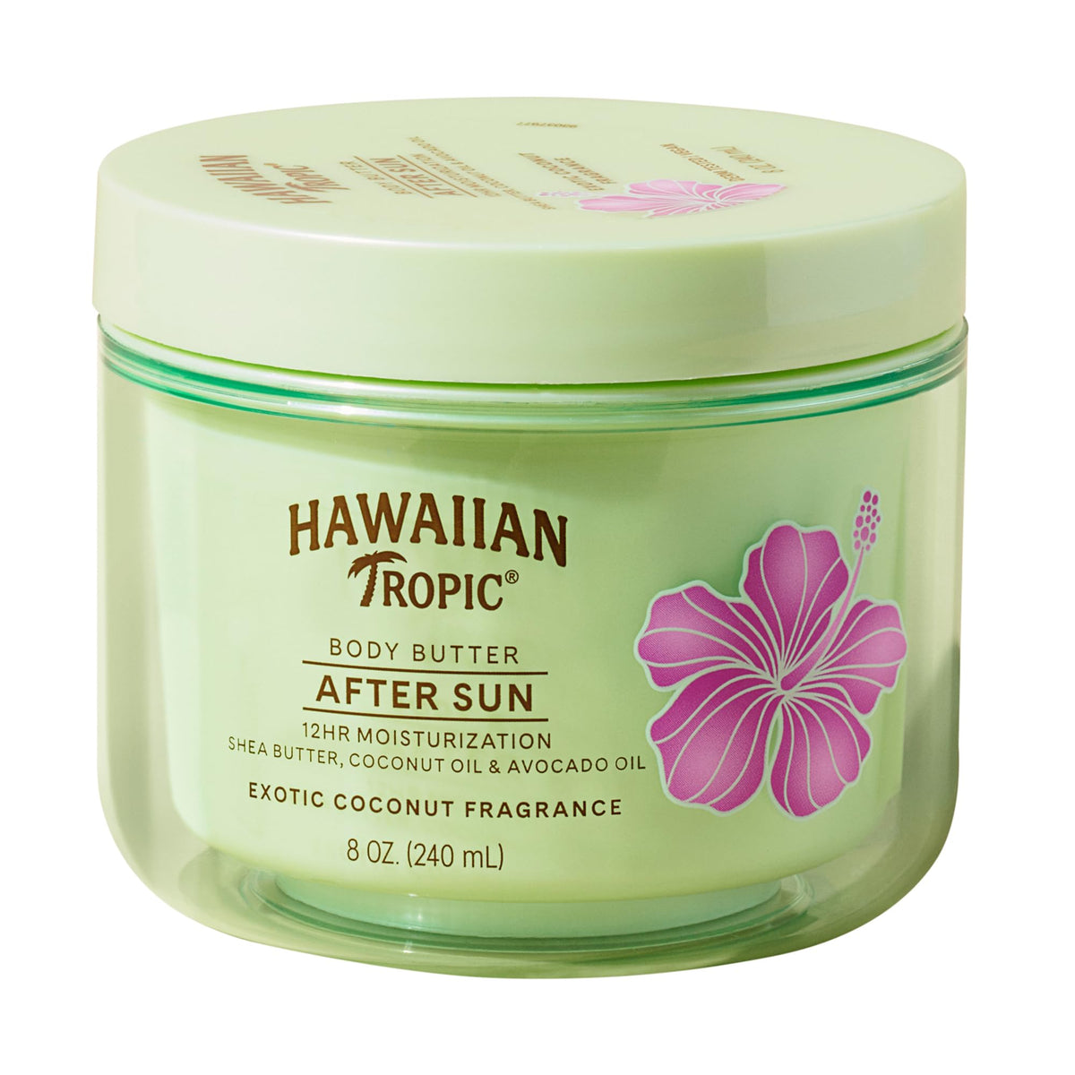 Hawaiian Tropic jar front view showing product and benefits