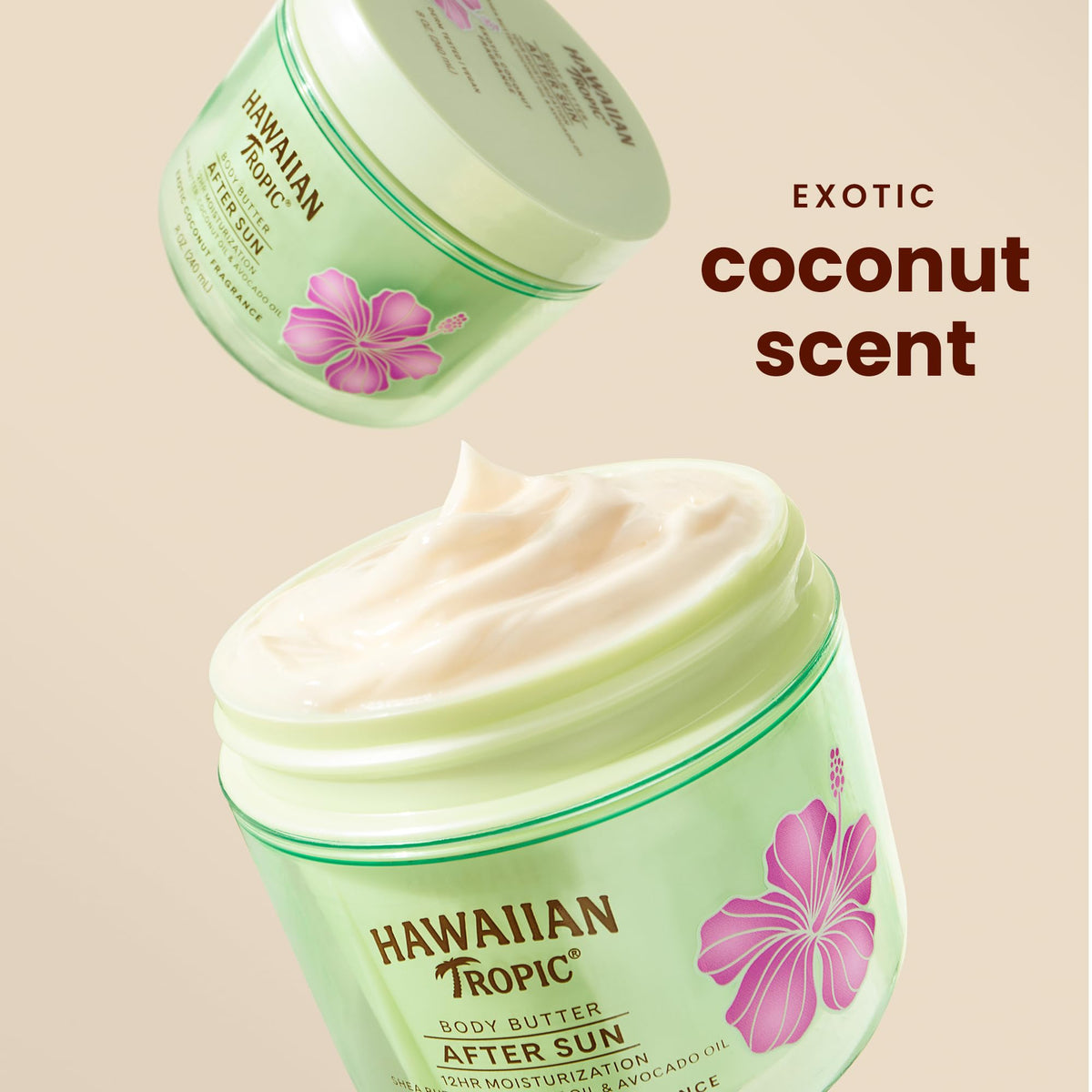 Hawaiian Tropic ingredient list close-up highlighting coconut and shea butter