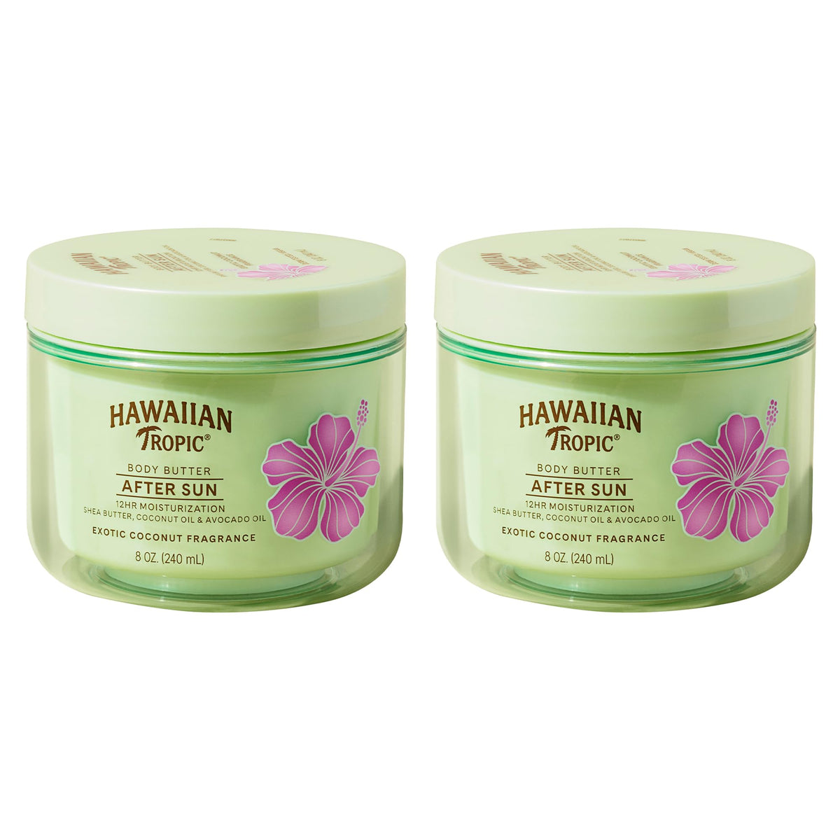 Hawaiian Tropic front packaging showing twin 8oz jars and coconut scent benefit